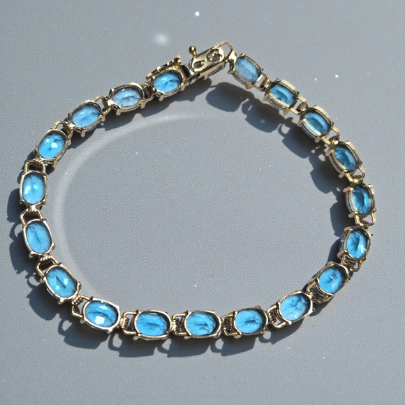 Vintage 14K Gold Blue Topaz Tennis Bracelet ADPC Signed 9.79g Solid Gold Estate - Picture 6 of 12